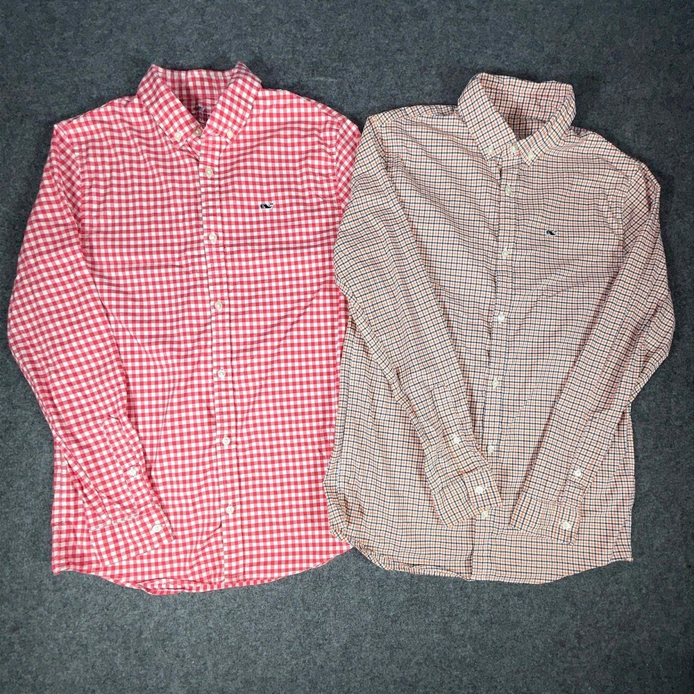 Vineyard Vines Boys On-The-Go Performance Shirt Lot 2 L 16 Red Orange Gingham